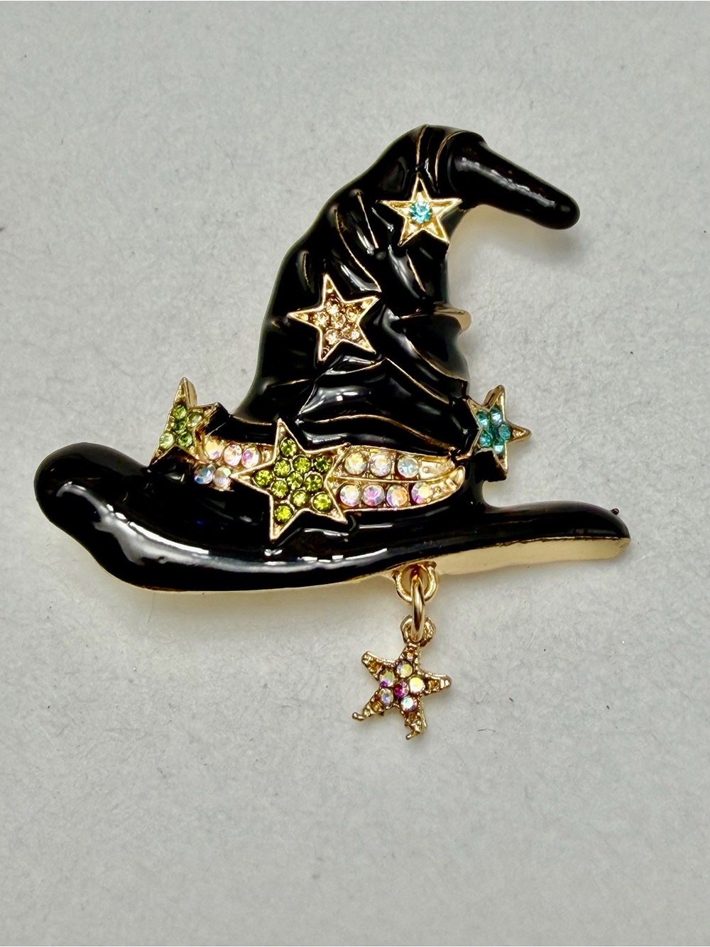 Black Enamel Witch Hat Brooch with Multicolor Star Accents #H02